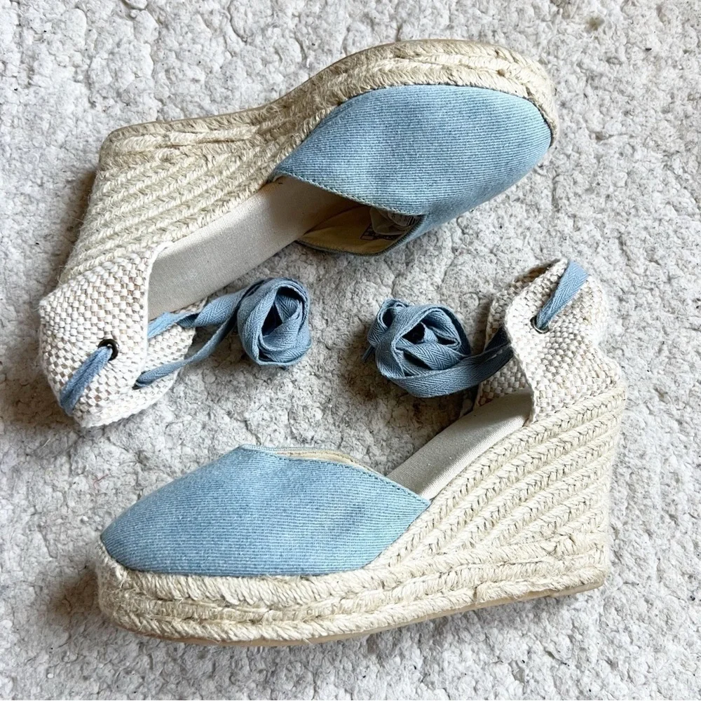 Saludos Light Denim Wrap Ankle Strap Platform Wedge Espadrille Size 8
